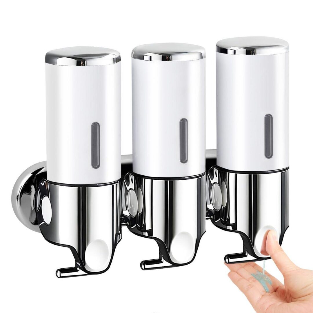 Dispensador Triple de Pared para Jabón, Shampoo y Gel – Diseño Elegante y Funcional