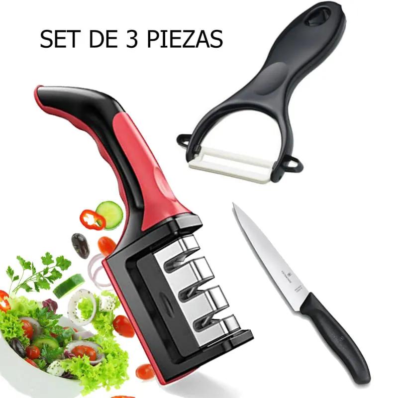 Set de Cocina 3 en 1: Afilador + Pela Papas + Cuchillo